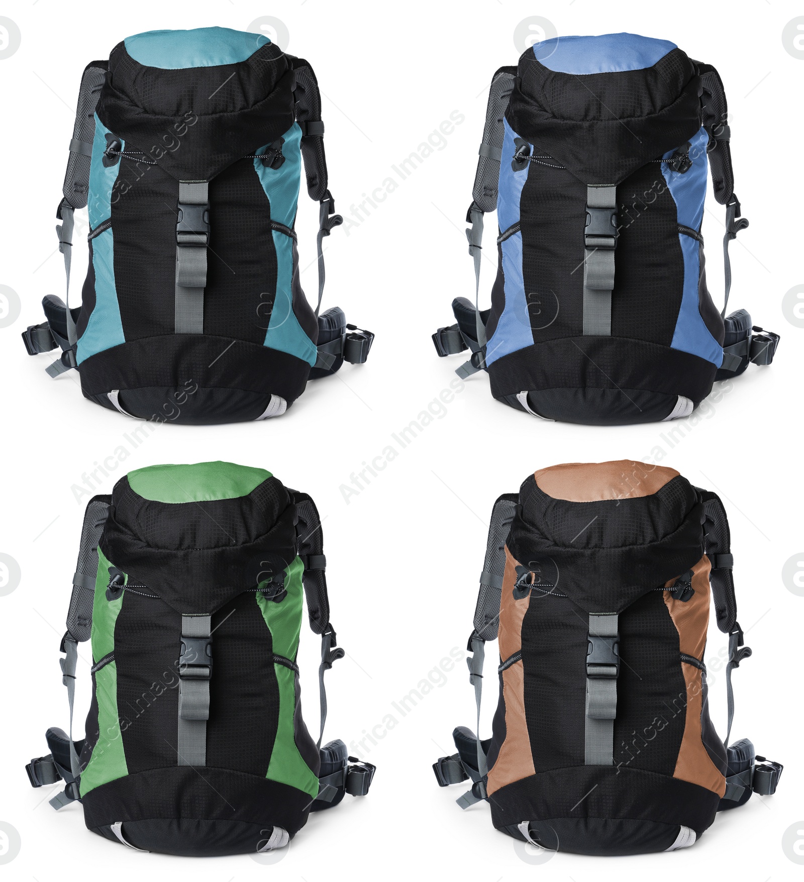 Image of Different hiking backpacks on white background, collage 