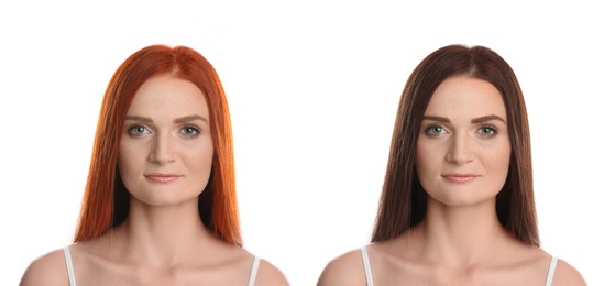 Beautiful young woman before and after hair dyeing on white background, collage. Banner design