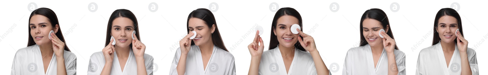 Image of Beautiful woman with cotton pads on white background, set of photos