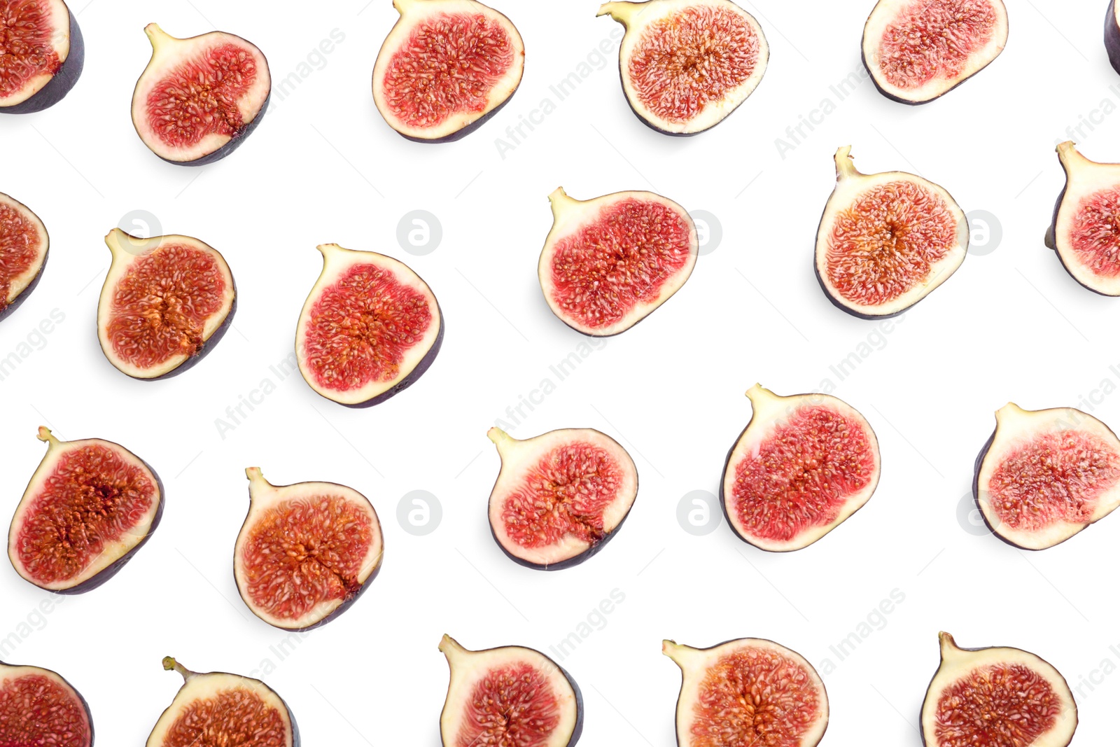 Photo of Cut ripe figs on white background, top view