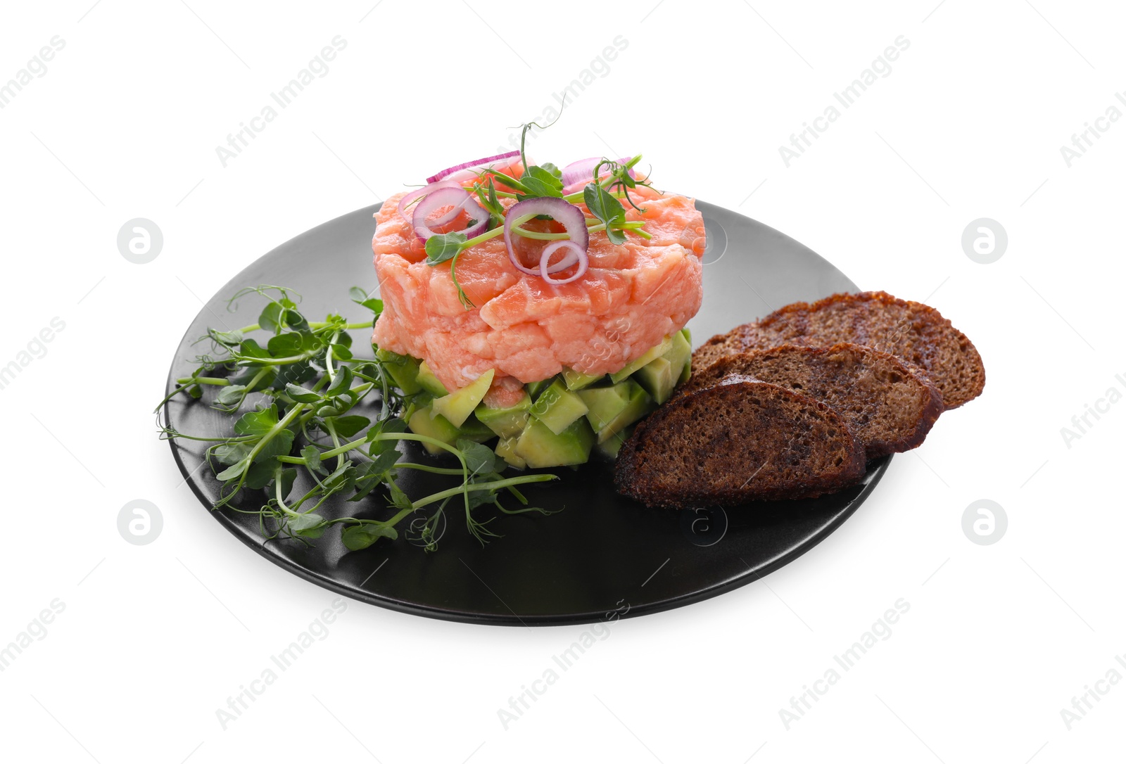 Photo of Tasty salmon tartare with avocado, microgreens and croutons isolated on white