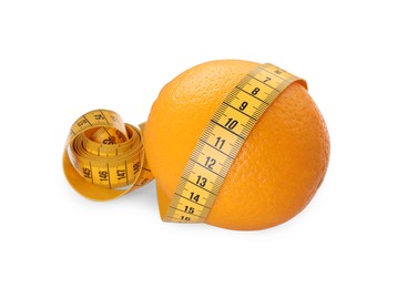 Cellulite problem. Orange with measuring tape isolated on white