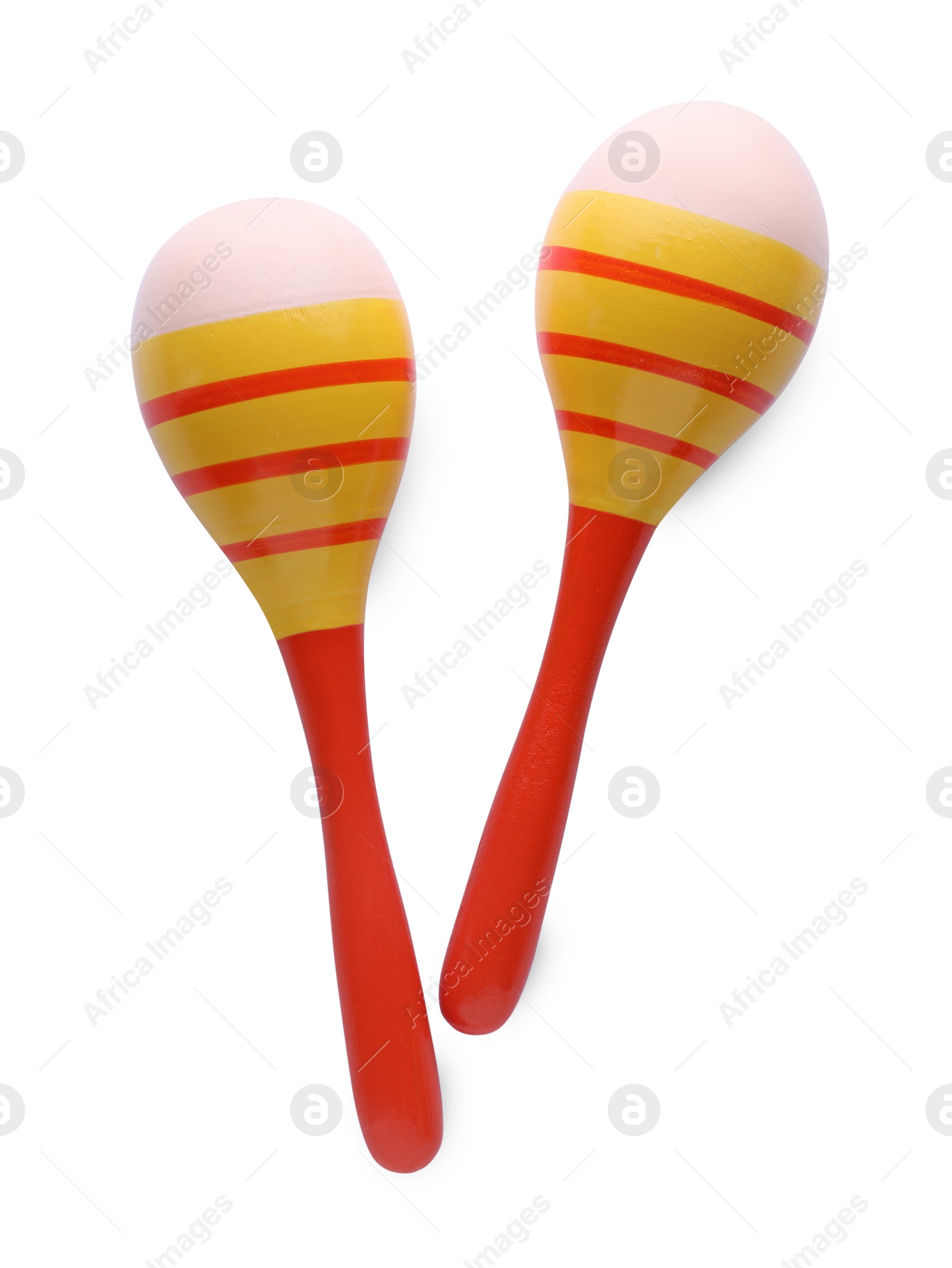 Photo of Colorful maracas on white background, top view. Musical instrument