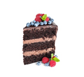 Photo of Piece of delicious chocolate cake decorated with fresh berries on white background