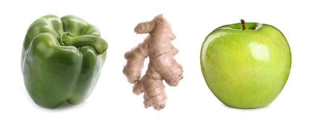 Foods for healthy digestion, collage. Green bell pepper, ginger and apples on white background