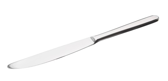 Photo of One silver knife isolated on white. Piece of cutlery