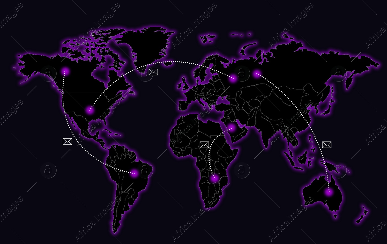Illustration of Fast internet connection. World map with letter icons and connected spots on black background, illustration