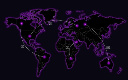 Fast internet connection. World map with letter icons and connected spots on black background, illustration