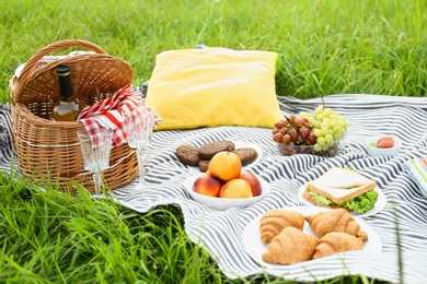 Photo of Picnic blanket with different snacks on green grass