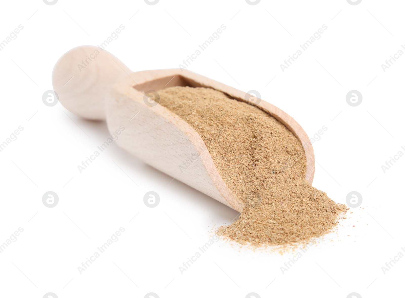 Photo of Dietary fiber. Psyllium husk powder in scoop isolated on white