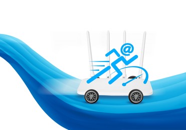 Fast internet connection. Wi-Fi router with wheels and human figure with email address symbol as head on white background