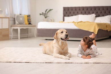 Adorable yellow labrador retriever and little girl at home