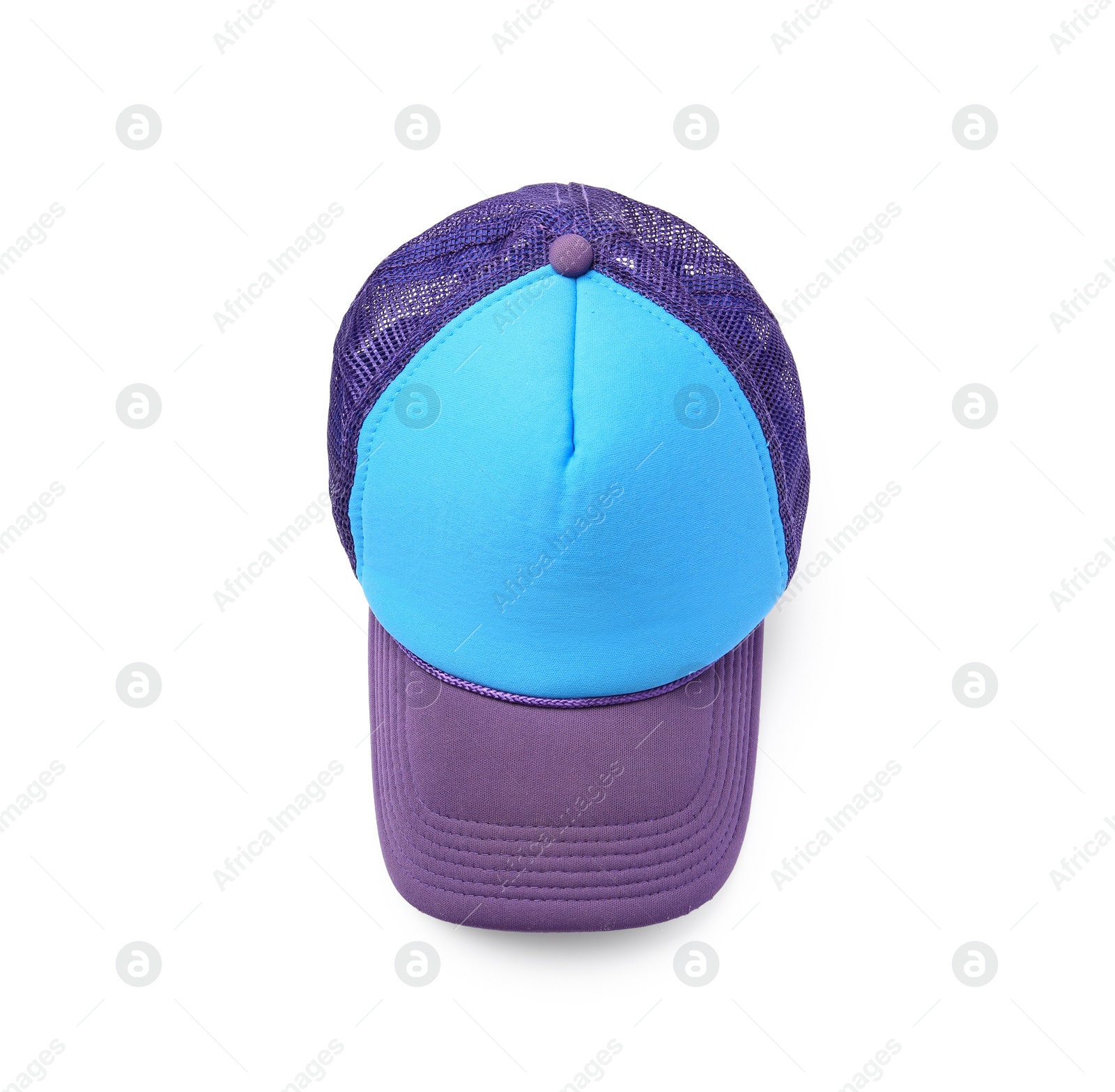 Photo of Stylish color cap isolated on white, top view