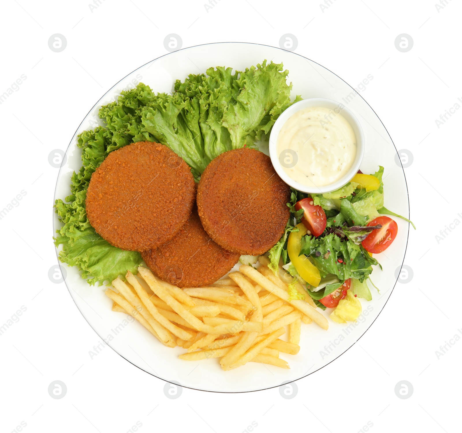 Photo of Plate of delicious fried breaded cutlets with garnish isolated on white, top view