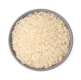 Raw rice in bowl isolated on white, top view