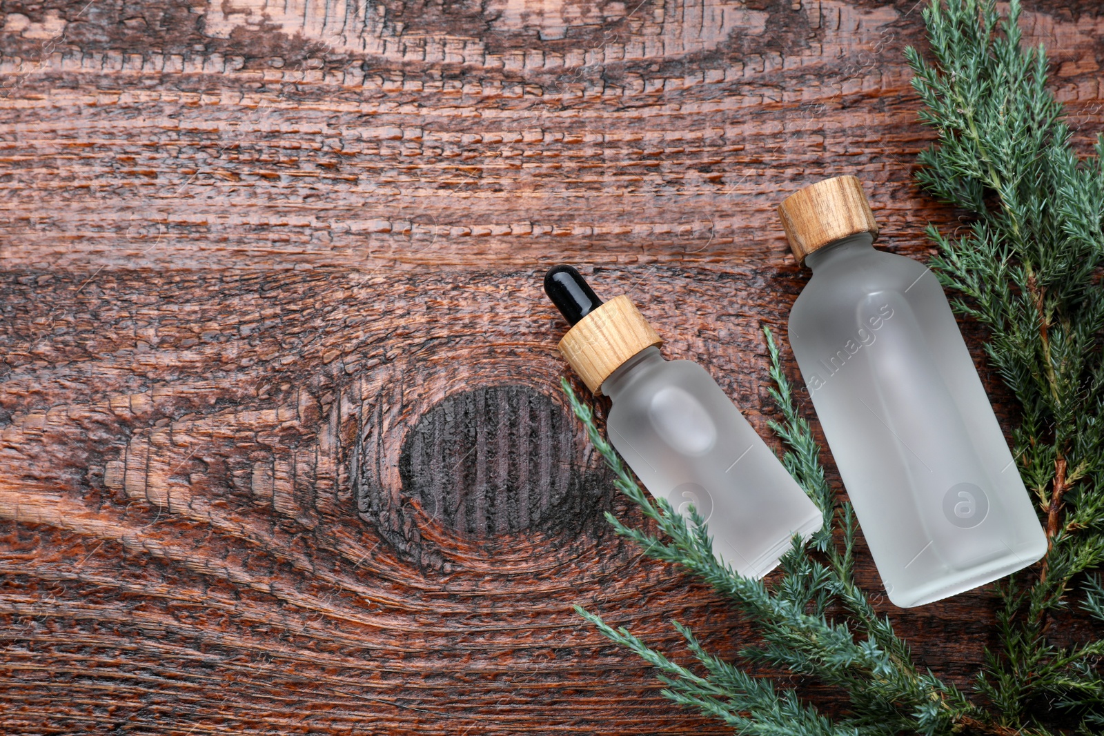 Photo of Bottles of juniper essential oil and fresh twigs on wooden table, flat lay. Space for text