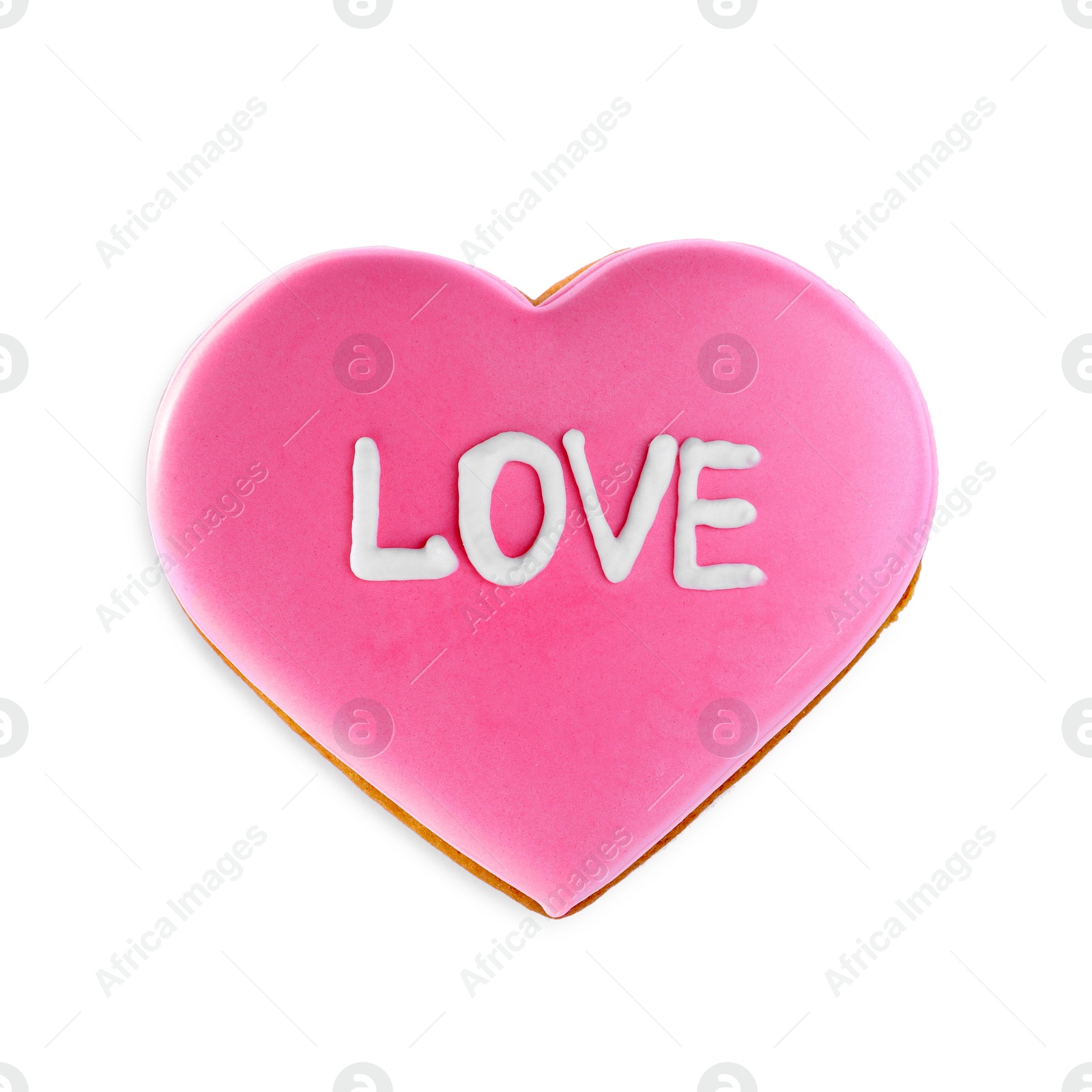 Photo of Beautiful heart shaped cookie with word Love on white background, top view. Valentine's day treat
