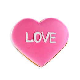 Photo of Beautiful heart shaped cookie with word Love on white background, top view. Valentine's day treat