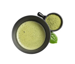 Cup of fresh matcha tea and green powder isolated on white, top view