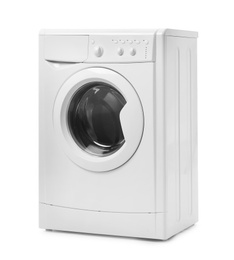 Photo of Modern washing machine isolated on white. Laundry day