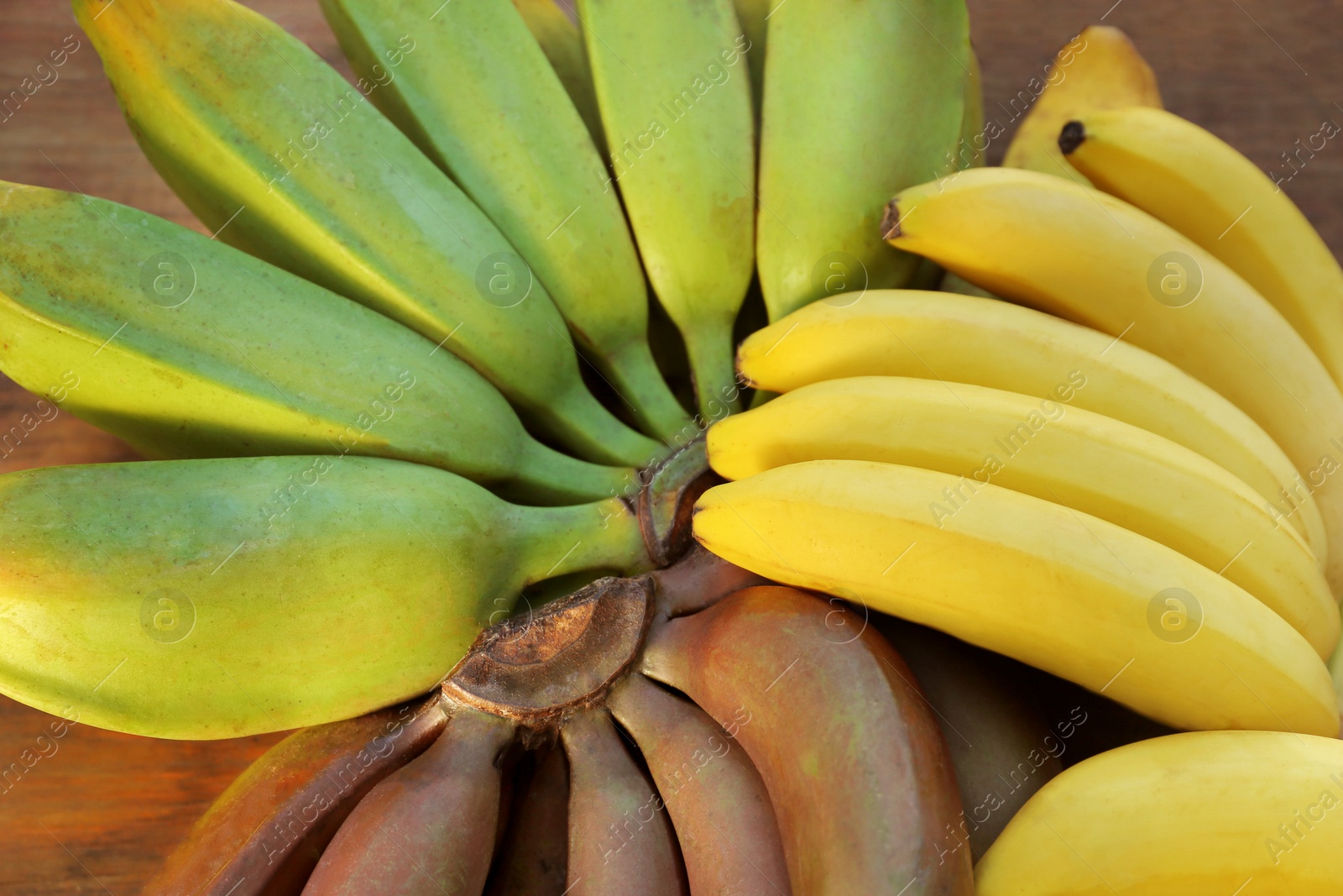 Photo of Different sorts of bananas on wooden table, closeup