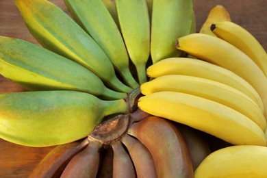 Different sorts of bananas on wooden table, closeup