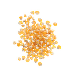 Pile of raw dry corn seeds on white background, top view. Vegetable planting