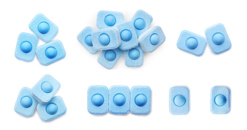 Image of Set with water softener tablets on white background. Banner design