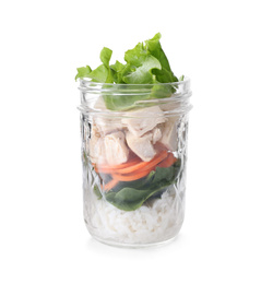 Photo of Healthy salad in glass jar isolated on white