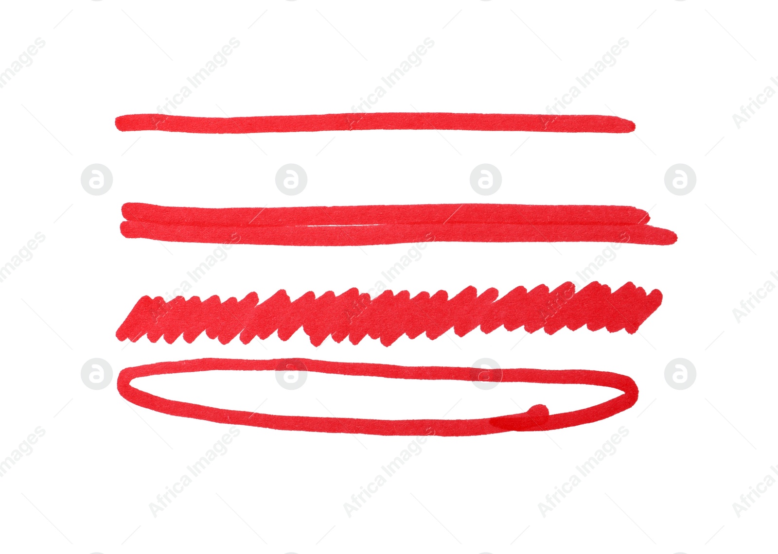 Photo of Different stripes and ellipse drawn with red marker isolated on white, top view