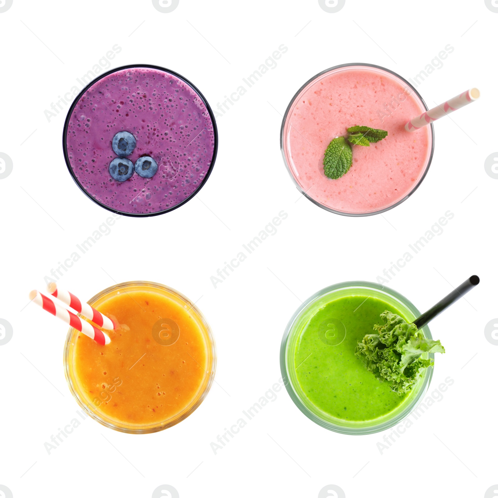 Image of Set of glasses with different protein shakes on white background, top view