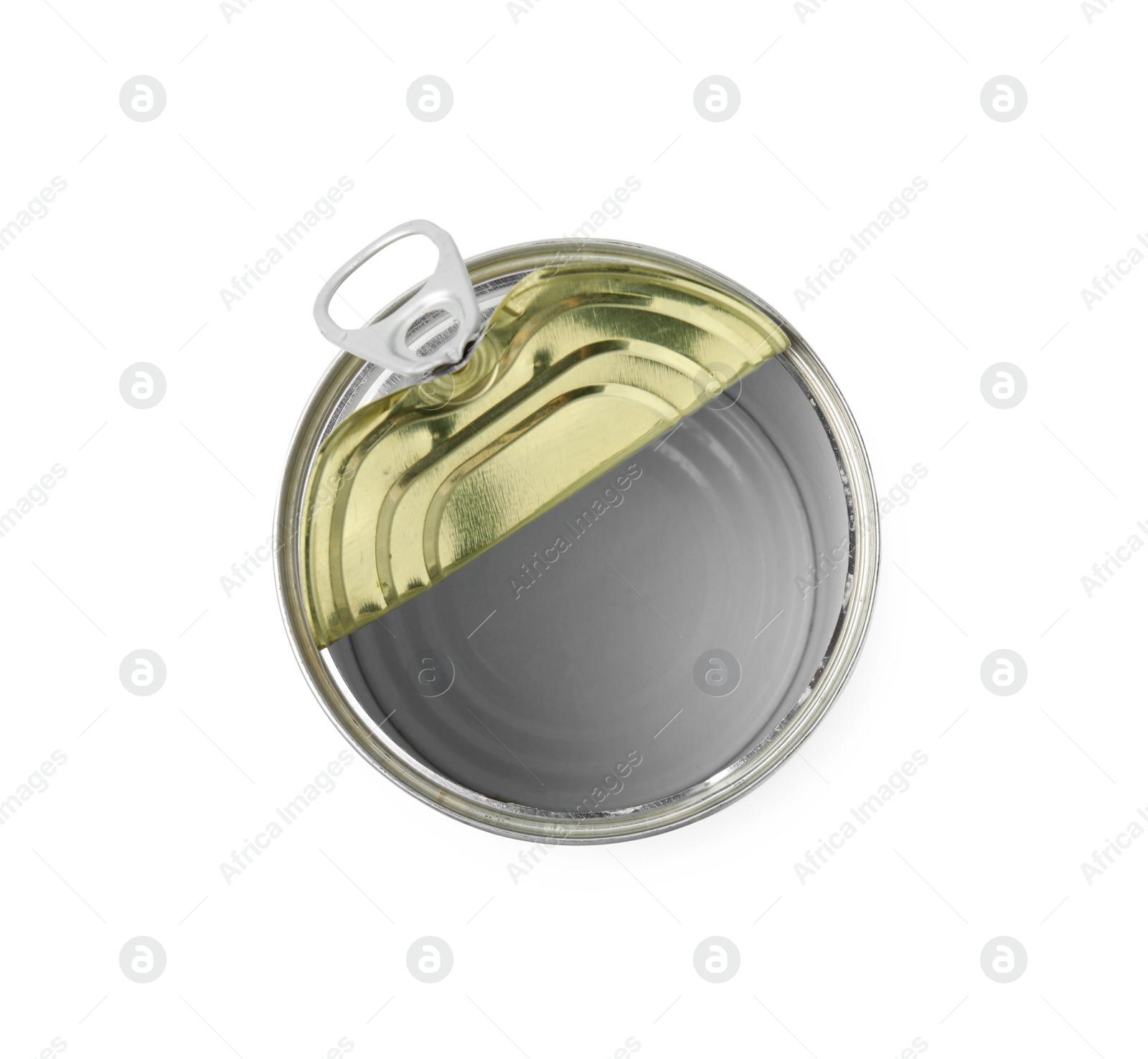 Photo of One open tin can isolated on white, top view