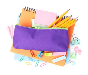 Pencil case and different school stationery on white background, top view
