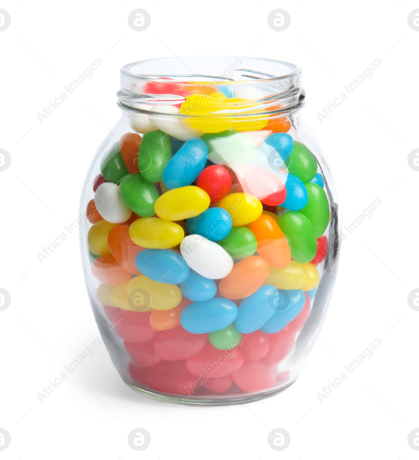 Photo of Jar of delicious color jelly beans isolated on white