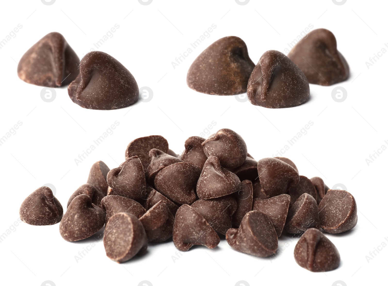 Image of Set of tasty chocolate chips isolated on white