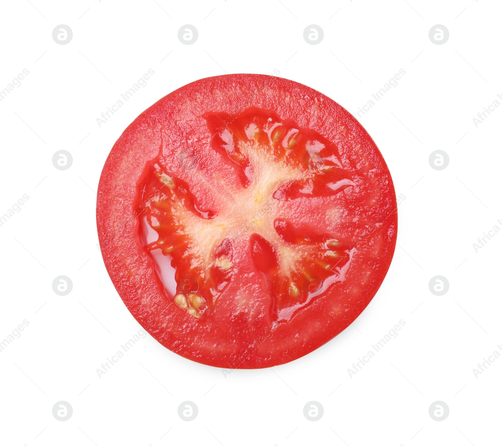 Photo of Slice of fresh ripe tomato isolated on white, top view