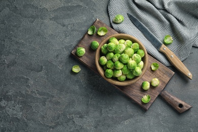 Composition with bowl of Brussels sprouts on grey background, flat lay. Space for text