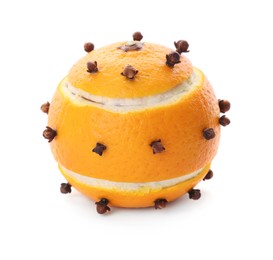 Photo of Pomander ball made of tangerine with cloves isolated on white