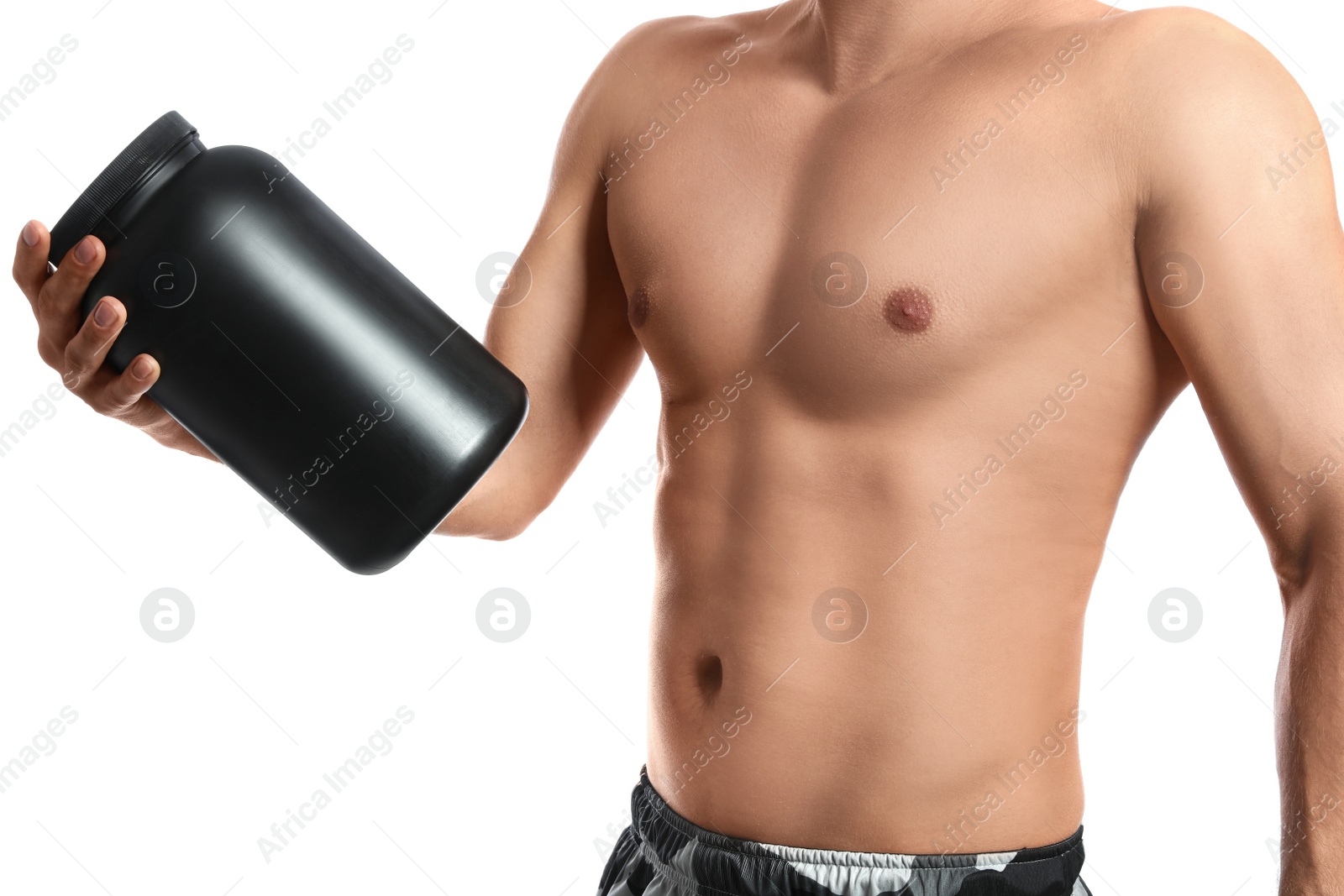 Photo of Athletic man with big black jar on white background, closeup. Doping concept
