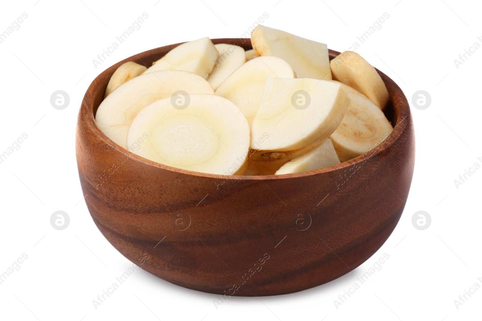 Photo of Bowl of tasty cut fresh ripe parsnip isolated on white