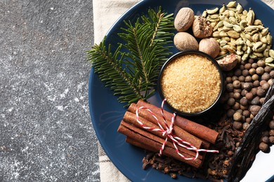 Photo of Different aromatic spices and fir branches on grey textured table, top view. Space for text