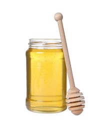 Photo of Tasty honey in glass jar and dipper isolated on white