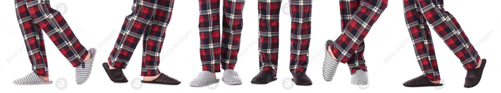 Collage with photos of men wearing stylish slippers on white background, closeup. Banner design Image of Collage with photos of men wearing stylish slippers on white background, closeup. Banner design