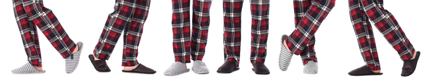 Image of Collage with photos of men wearing stylish slippers on white background, closeup. Banner design