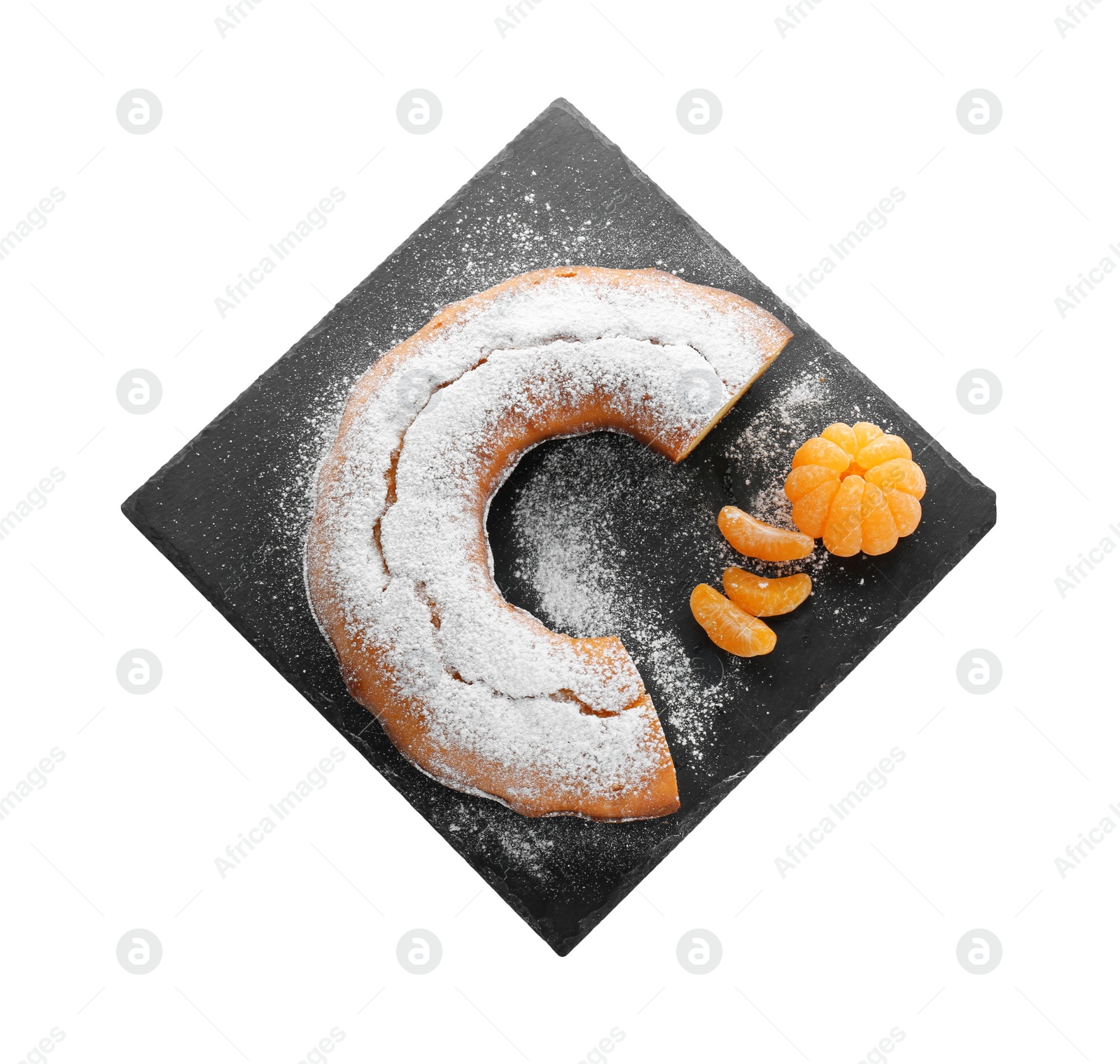 Photo of Delicious homemade yogurt cake with powdered sugar and tangerines on white background, top view