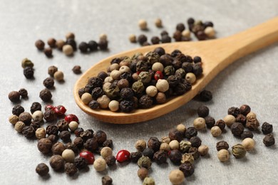 Aromatic spice. Different peppers in spoon on grey table, closeup