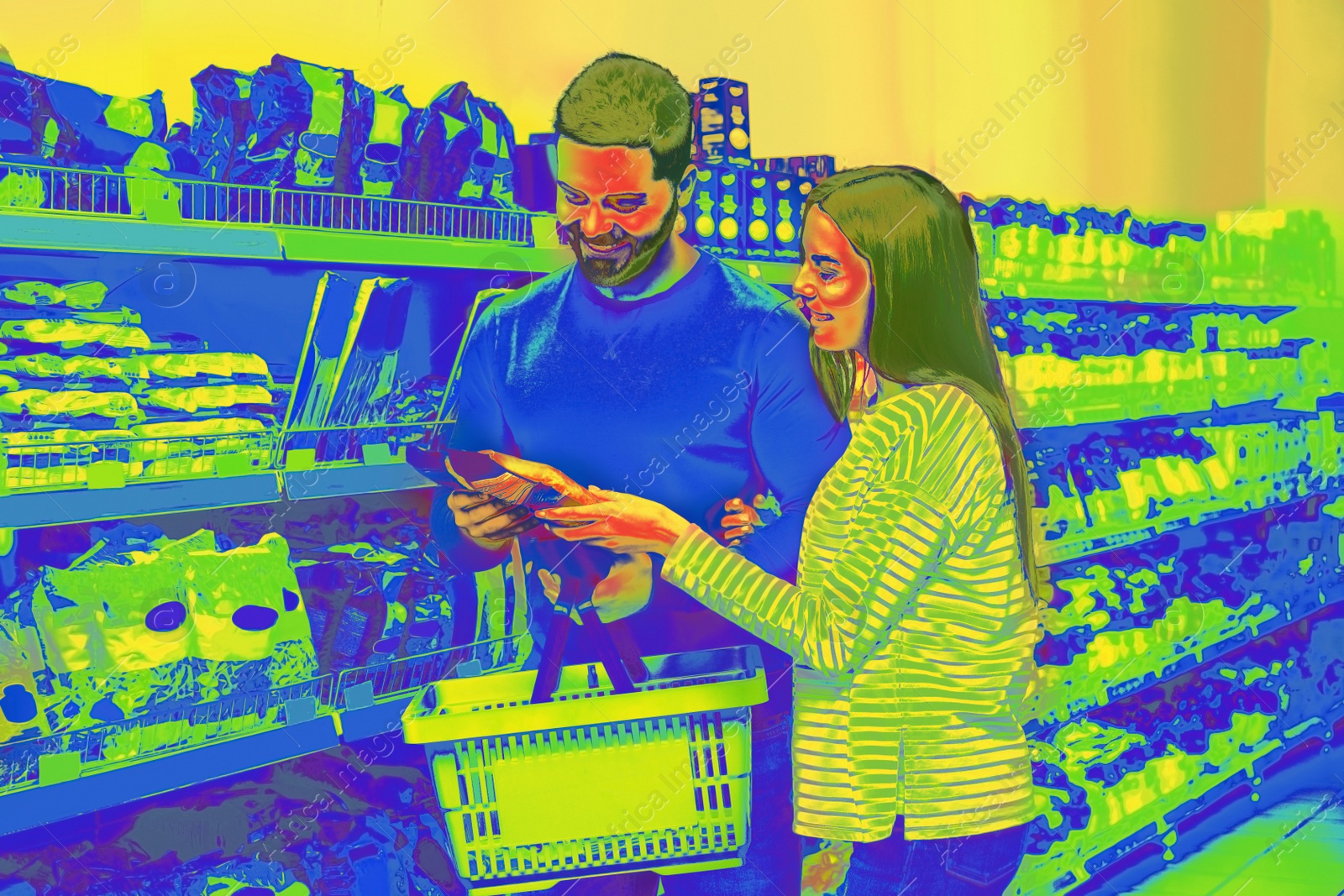 Image of Young couple in supermarket, view through thermal camera. Temperature detection - Covid spreading prevention measure 