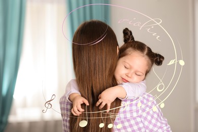 Image of Mother singing lullaby to her daughter at home. Music notes illustrations flying around woman and little girl