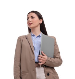 Photo of Beautiful businesswoman with laptop on white background, low angle view