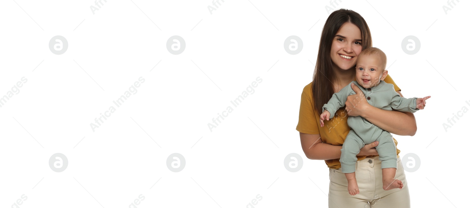 Image of Beautiful mother with her cute baby on white background. Banner design 